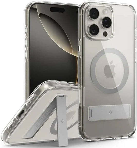 Caseology Capella Mag Kickstand for iPhone 16 Pro Max Case [Ultra-Clear Anti-Yellowing Compatible with Magsafe] Military Grade Drop Tested (2024) - Clear White Silver