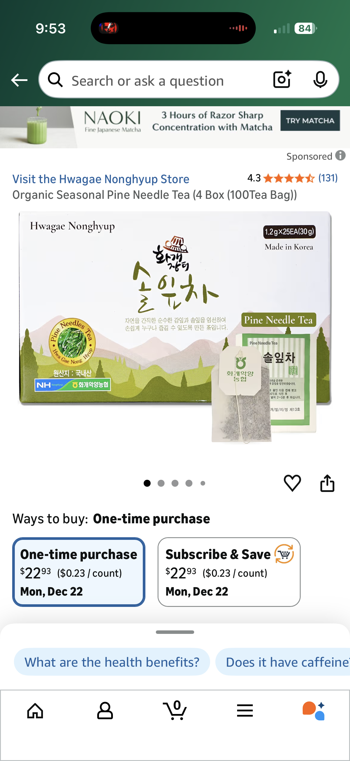Organic Seasonal Pine Needle Tea (4 Box (100Tea Bag))