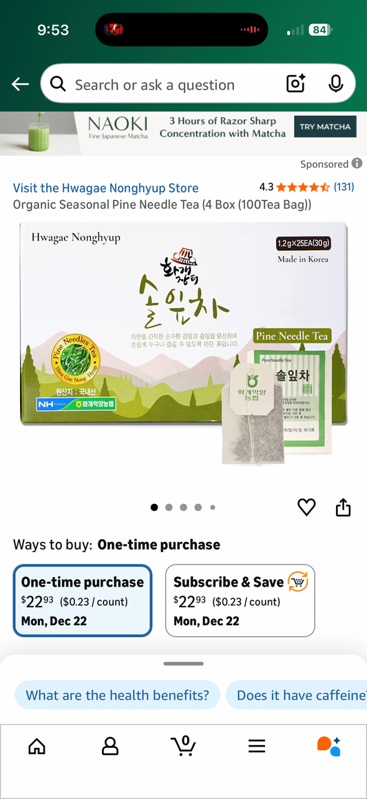 Organic Seasonal Pine Needle Tea (4 Box (100Tea Bag))