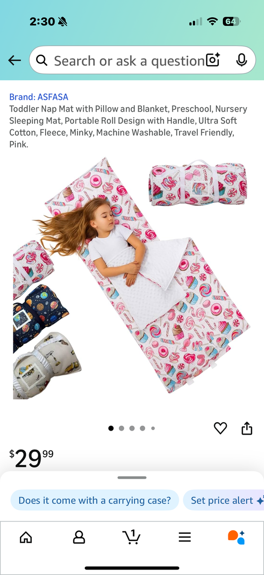 Toddler Nap Mat with Pillow and Blanket, Preschool, Nursery Sleeping Mat, Portable Roll Design with Handle, Ultra Soft Cotton, Fleece, Minky, Machine Washable, Travel Friendly, Pink.