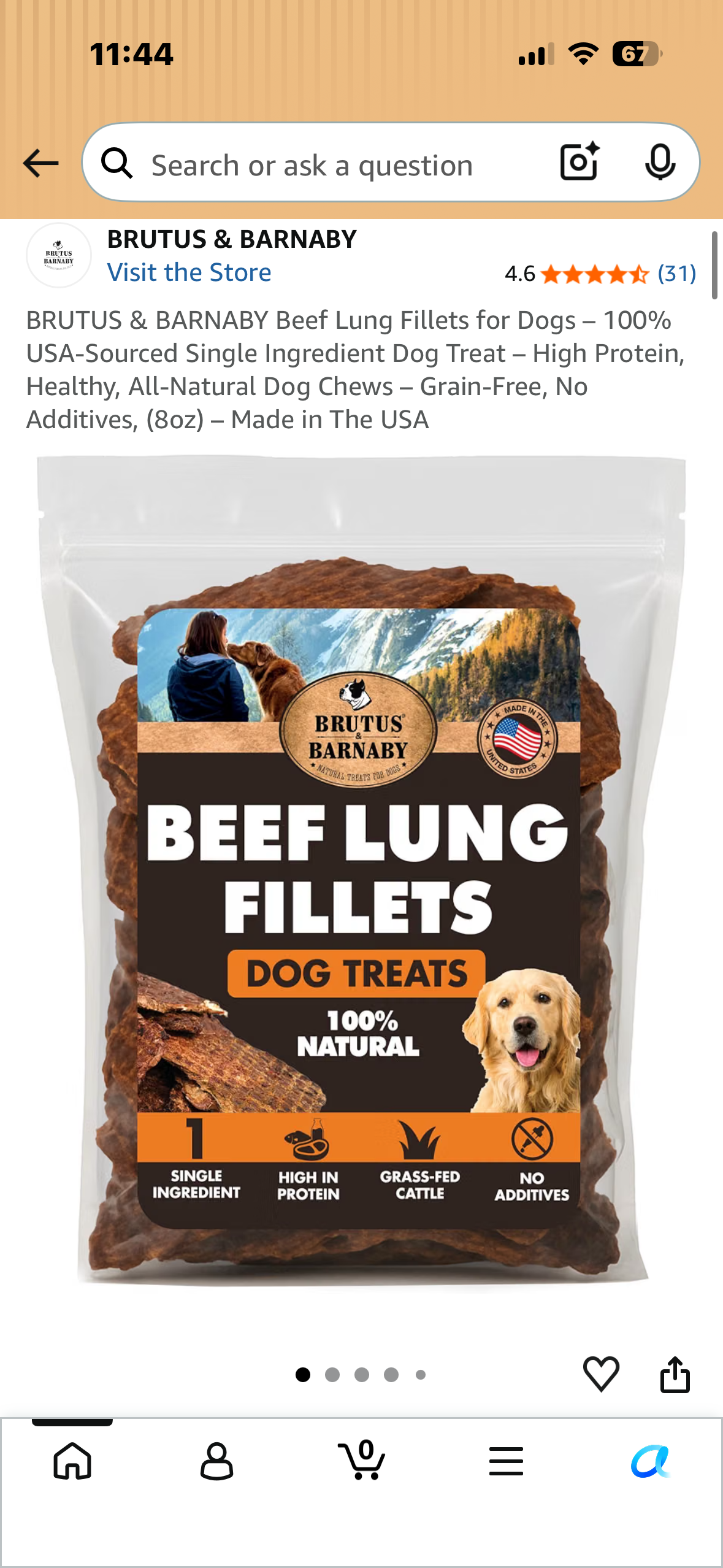 BRUTUS & BARNABY Beef Lung Fillets for Dogs – 100% USA-Sourced Single Ingredient Dog Treat – High Protein, Healthy, All-Natural Dog Chews – Grain-Free, No Additives, (8oz)