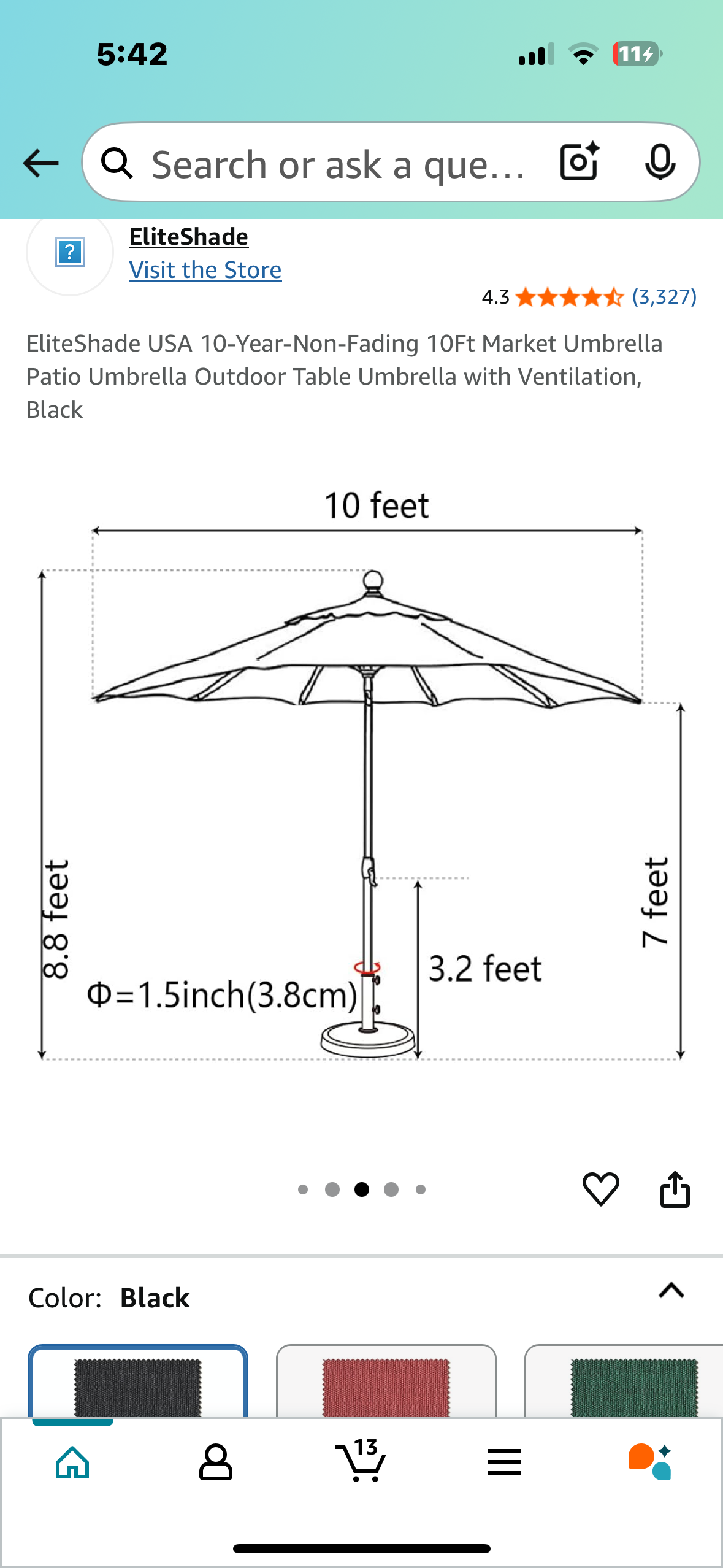 EliteShade USA 10-Year-Non-Fading 10Ft Patio Market Umbrella,Outdoor Table Umbrella with Ventilation, Black (G805)