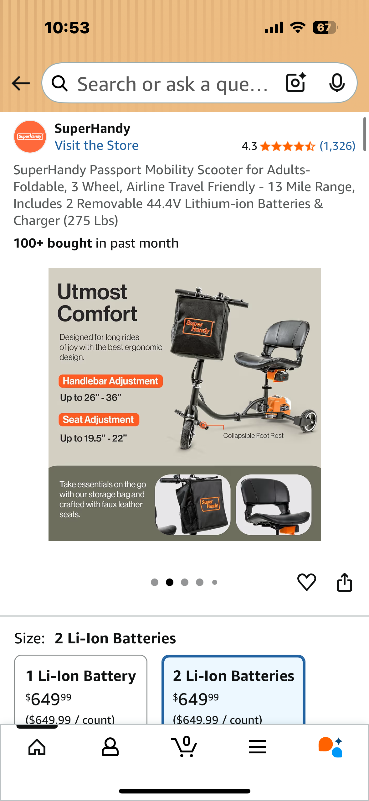 SuperHandy Passport Mobility Scooter for Adults- Foldable, 3 Wheel, Airline Travel Friendly - 13 Mile Range, Includes 2 Removable 44.4V Lithium-ion Batteries & Charger (275 Lbs) (R703)