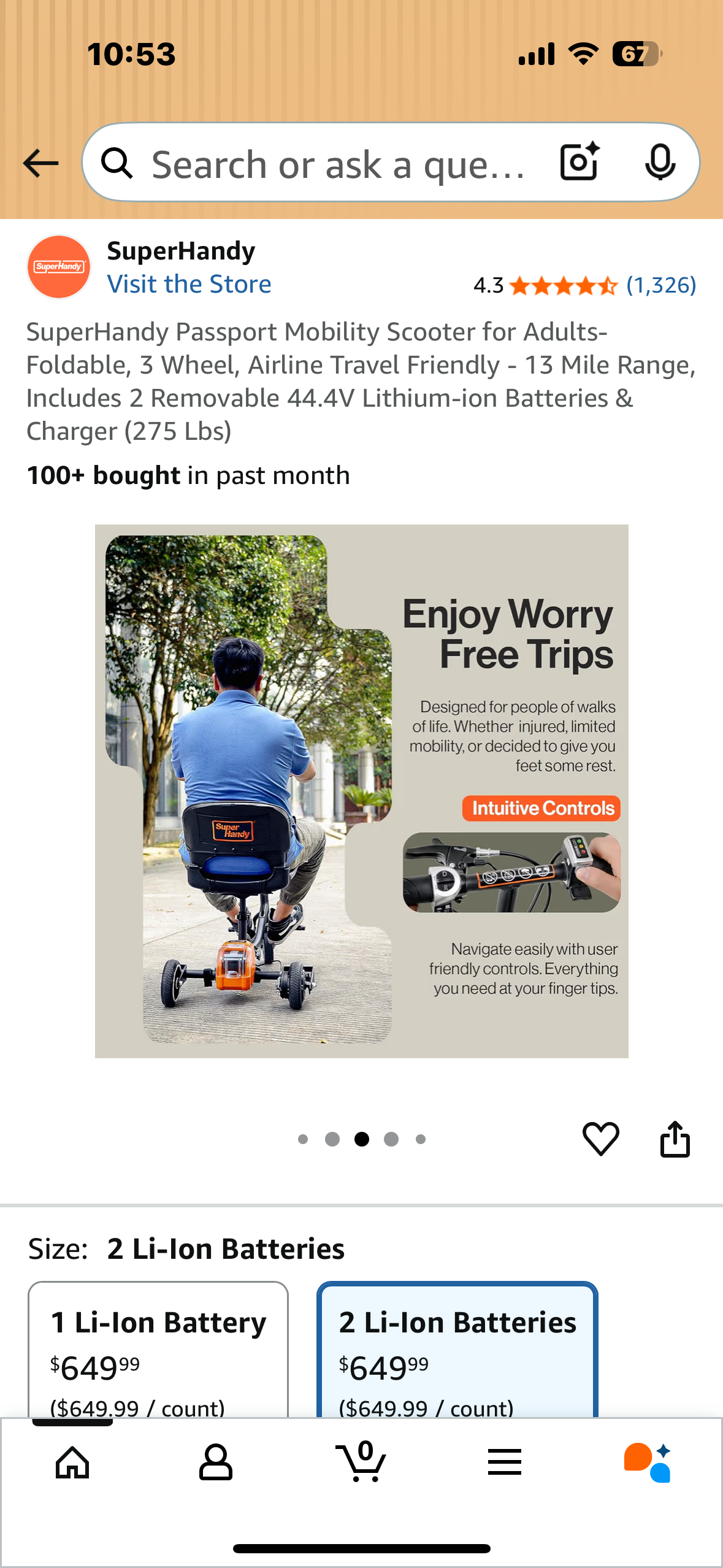 SuperHandy Passport Mobility Scooter for Adults- Foldable, 3 Wheel, Airline Travel Friendly - 13 Mile Range, Includes 2 Removable 44.4V Lithium-ion Batteries & Charger (275 Lbs) (R703)