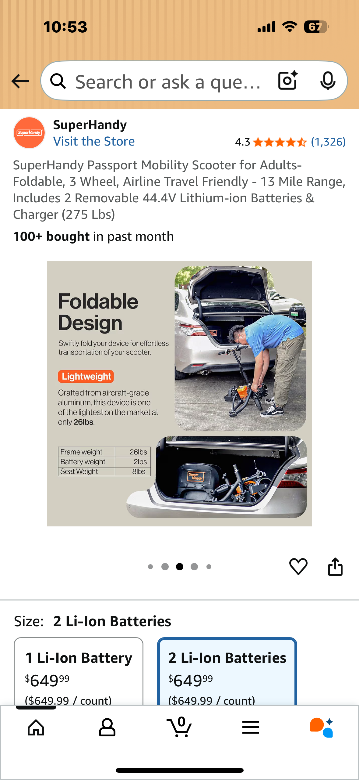 SuperHandy Passport Mobility Scooter for Adults- Foldable, 3 Wheel, Airline Travel Friendly - 13 Mile Range, Includes 2 Removable 44.4V Lithium-ion Batteries & Charger (275 Lbs) (R703)