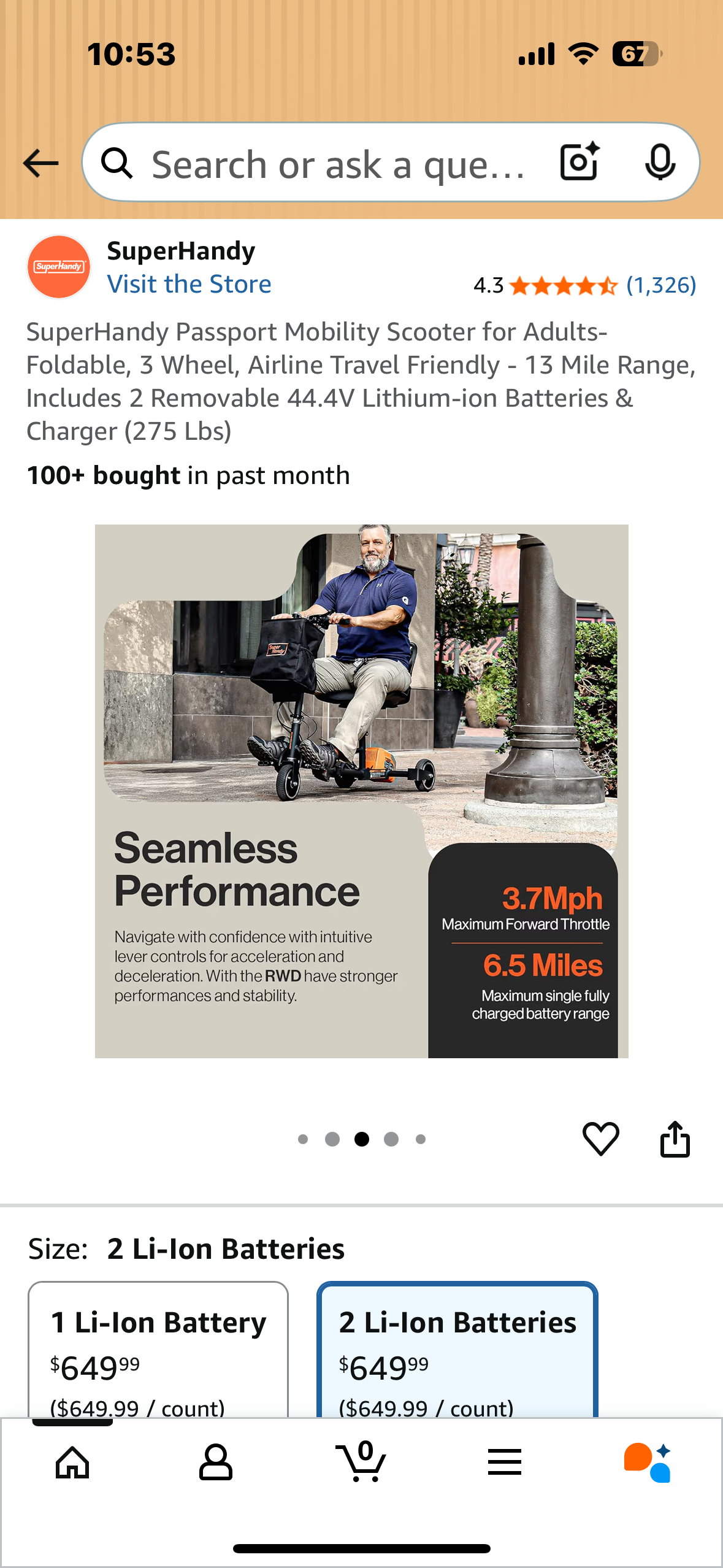 SuperHandy Passport Mobility Scooter for Adults- Foldable, 3 Wheel, Airline Travel Friendly - 13 Mile Range, Includes 2 Removable 44.4V Lithium-ion Batteries & Charger (275 Lbs) (R703)