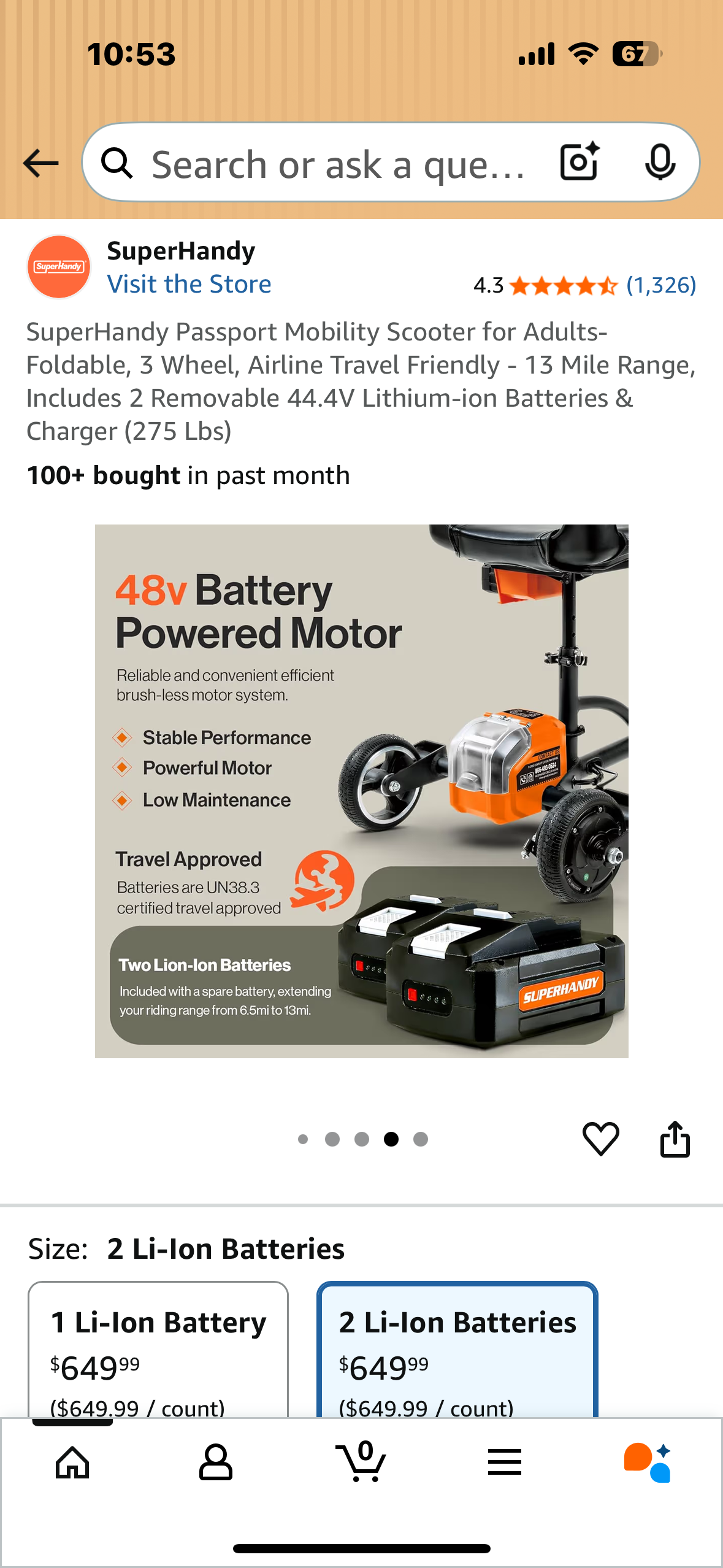 SuperHandy Passport Mobility Scooter for Adults- Foldable, 3 Wheel, Airline Travel Friendly - 13 Mile Range, Includes 2 Removable 44.4V Lithium-ion Batteries & Charger (275 Lbs) (R703)