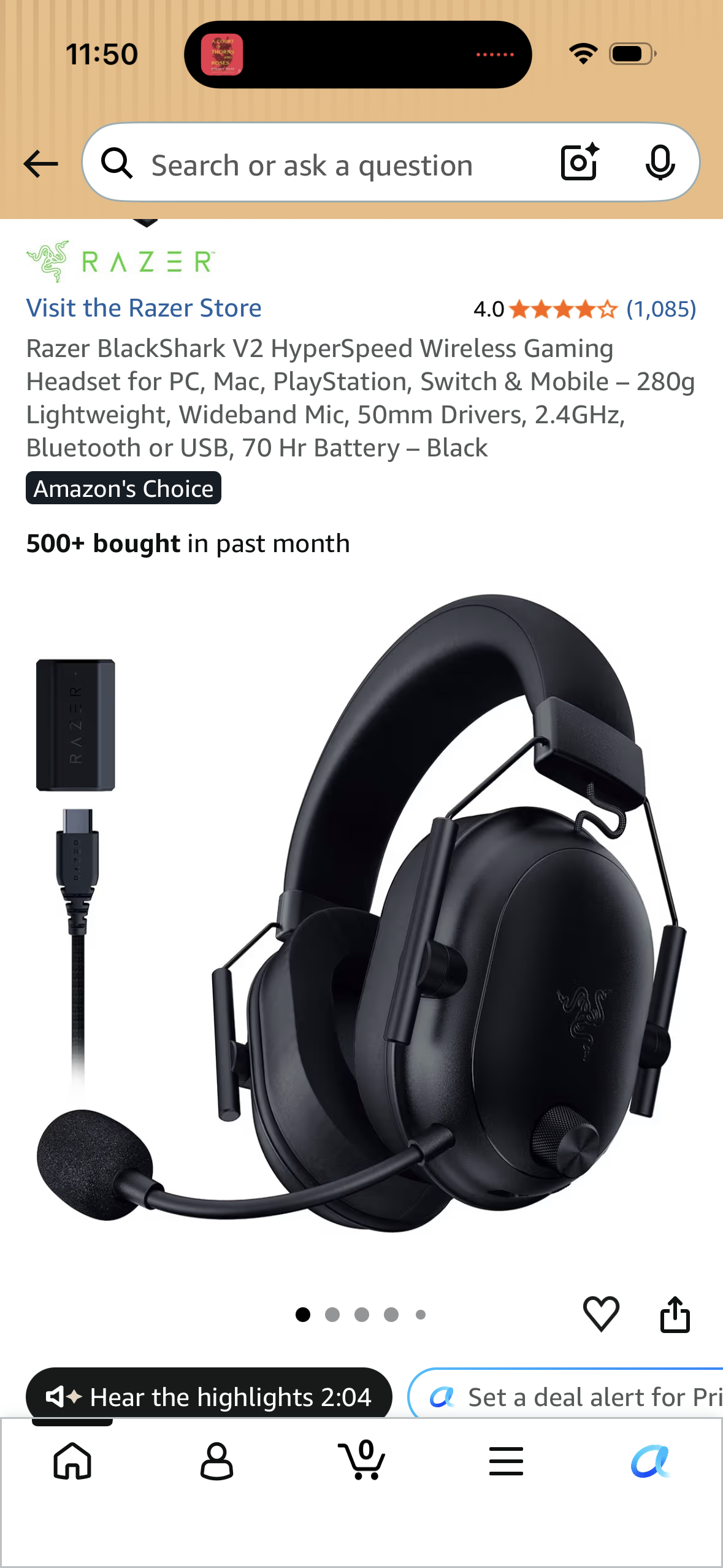 Razer BlackShark V2 HyperSpeed Wireless Gaming Headset for PC, Mac, PlayStation, Switch & Mobile – 280g Lightweight, Wideband Mic, 50mm Drivers, 2.4GHz, Bluetooth or USB, 70 Hr Battery – Black