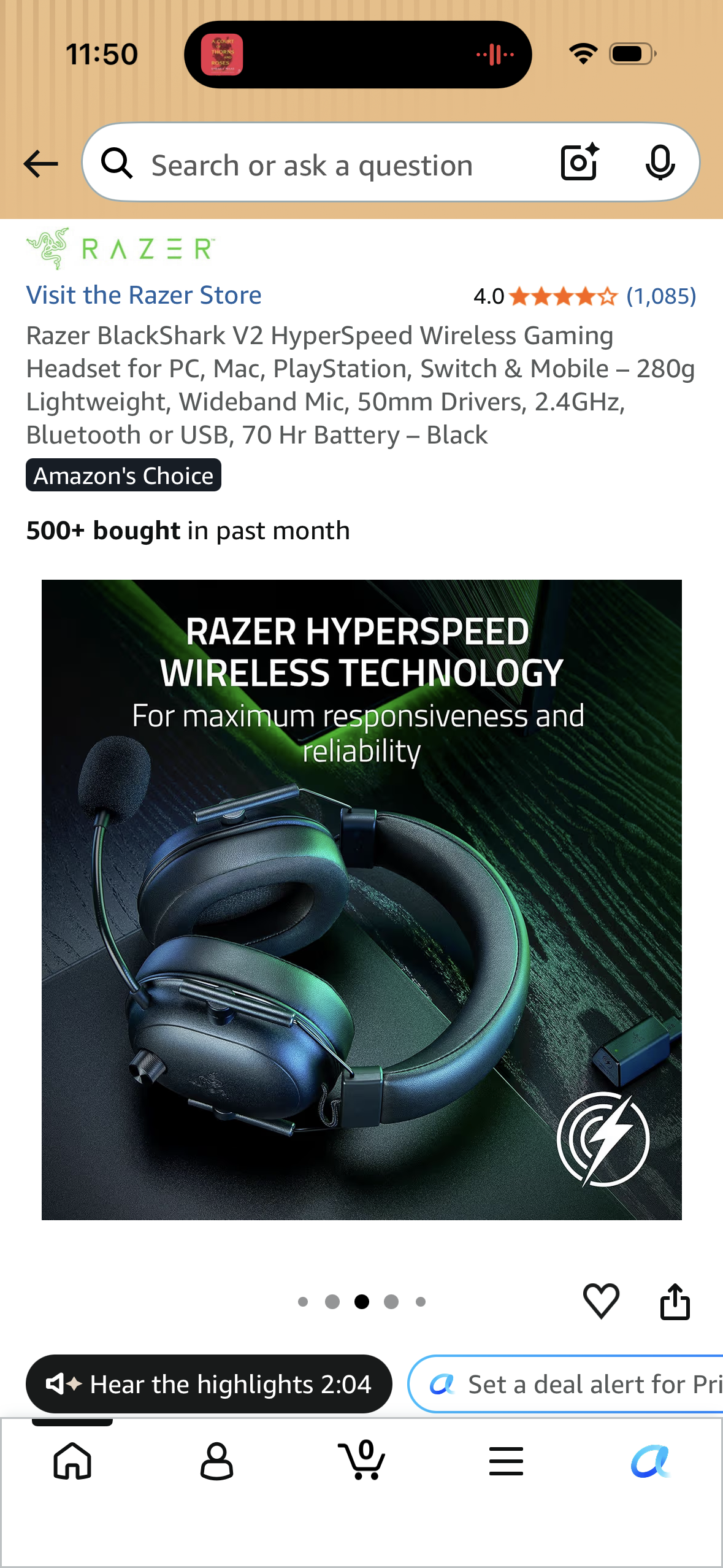 Razer BlackShark V2 HyperSpeed Wireless Gaming Headset for PC, Mac, PlayStation, Switch & Mobile – 280g Lightweight, Wideband Mic, 50mm Drivers, 2.4GHz, Bluetooth or USB, 70 Hr Battery – Black