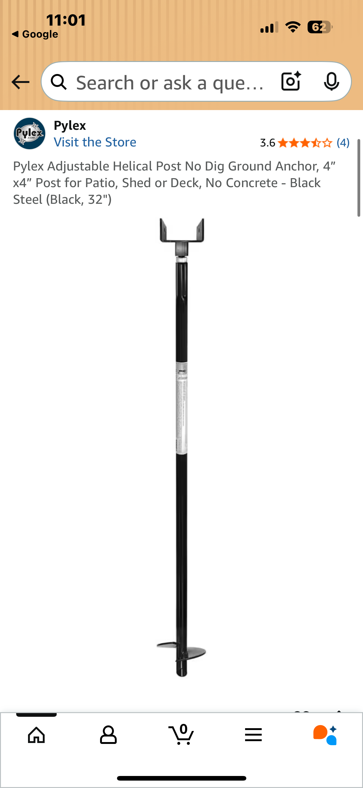 4 Pack Pylex Adjustable Helical Post No Dig Ground Anchor, 4" X4" Post for Patio, Shed or Deck, No Concrete - Black Steel (Black, 32") (G875)