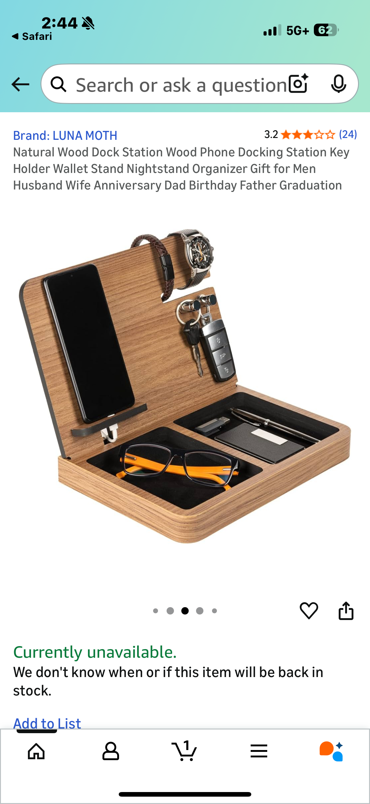 LUNA MOTH Natural Wood Dock Station Wood Phone Docking Station Key Holder Wallet Stand Nightstand Organizer Gift for Men Husband Wife Anniversary Dad Birthday Father Graduation