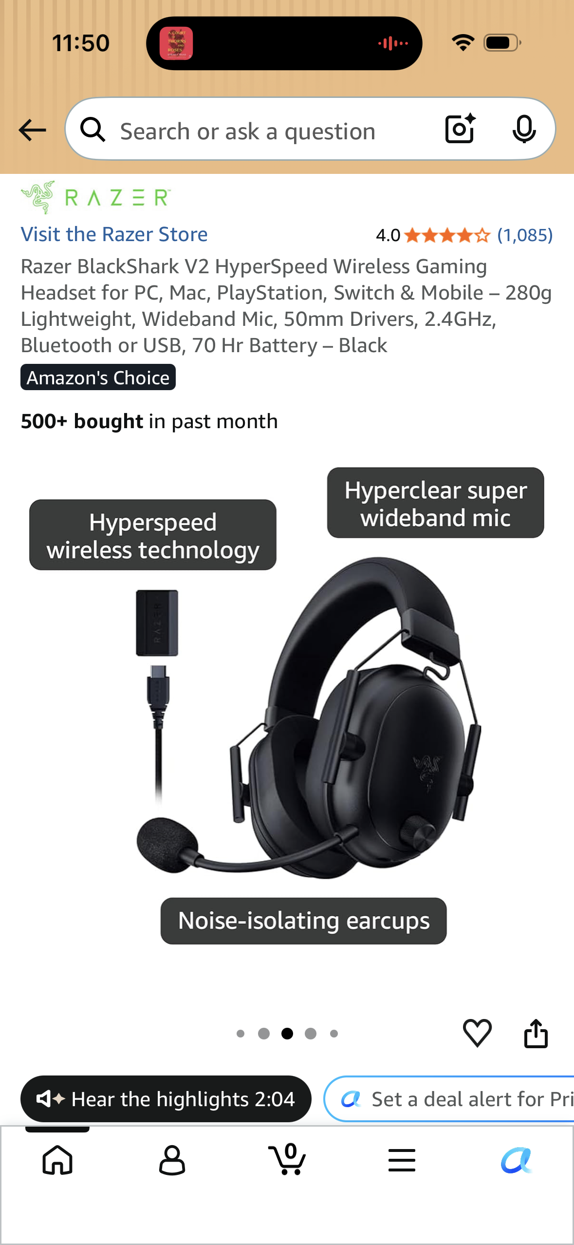 Razer BlackShark V2 HyperSpeed Wireless Gaming Headset for PC, Mac, PlayStation, Switch & Mobile – 280g Lightweight, Wideband Mic, 50mm Drivers, 2.4GHz, Bluetooth or USB, 70 Hr Battery – Black