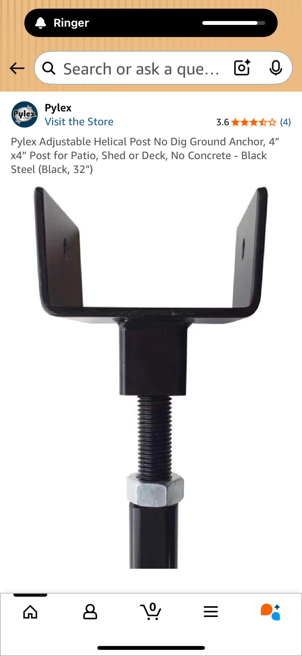 4 Pack Pylex Adjustable Helical Post No Dig Ground Anchor, 4" X4" Post for Patio, Shed or Deck, No Concrete - Black Steel (Black, 32") (G875)