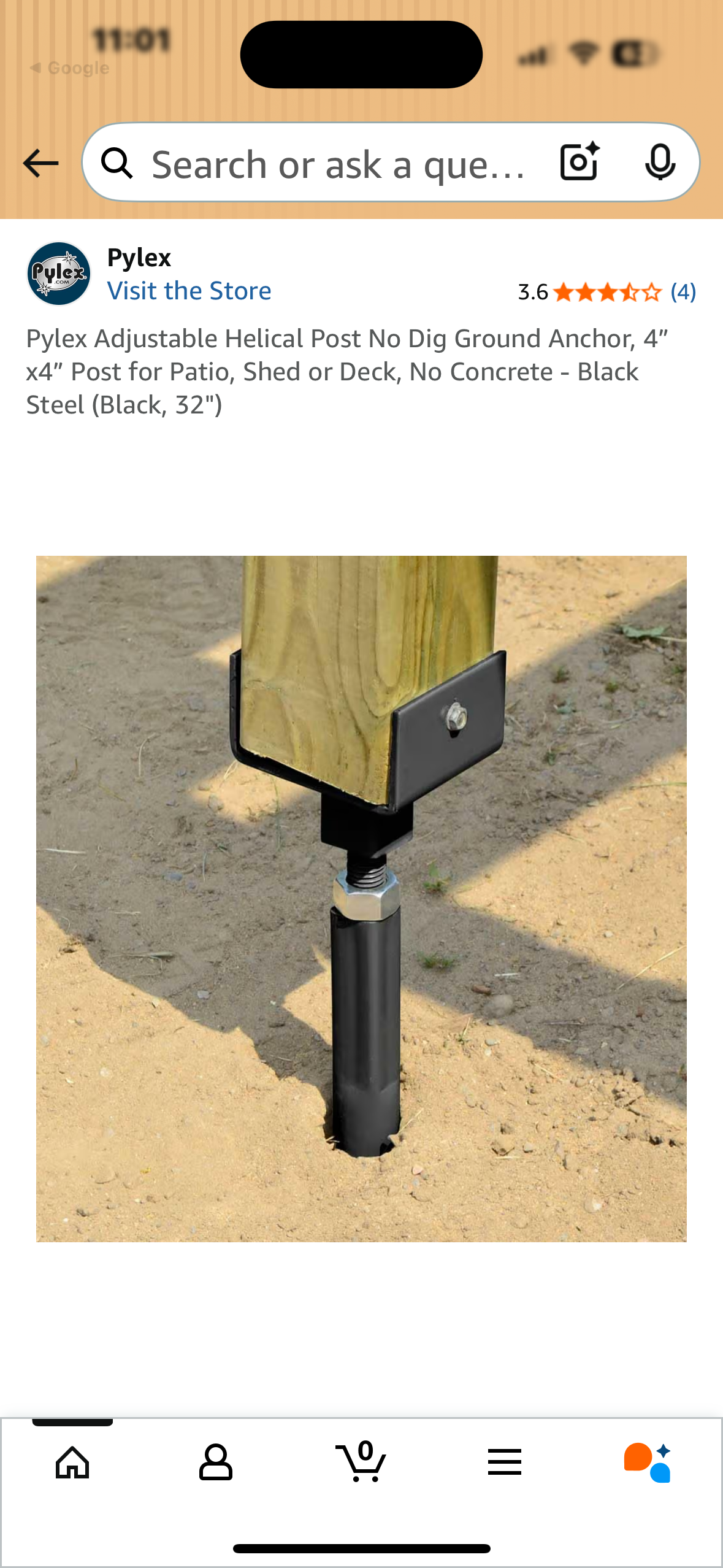 4 Pack Pylex Adjustable Helical Post No Dig Ground Anchor, 4" X4" Post for Patio, Shed or Deck, No Concrete - Black Steel (Black, 32") (G875)