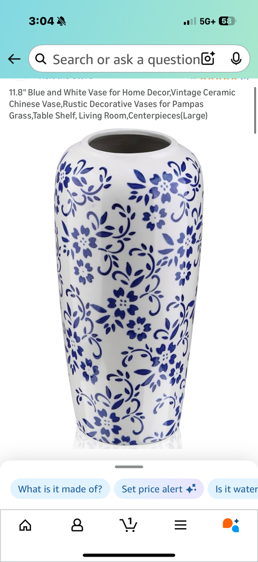 11.8" Blue and White Vase for Home Decor,Vintage Ceramic Chinese Vase,Rustic Decorative Vases for Pampas Grass,Table Shelf, Living Room,Centerpieces(Large