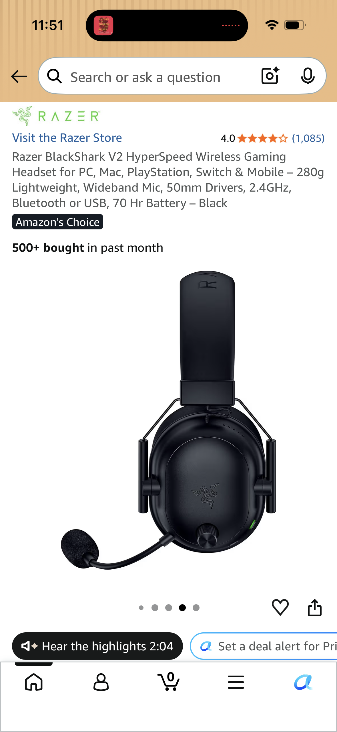 Razer BlackShark V2 HyperSpeed Wireless Gaming Headset for PC, Mac, PlayStation, Switch & Mobile – 280g Lightweight, Wideband Mic, 50mm Drivers, 2.4GHz, Bluetooth or USB, 70 Hr Battery – Black