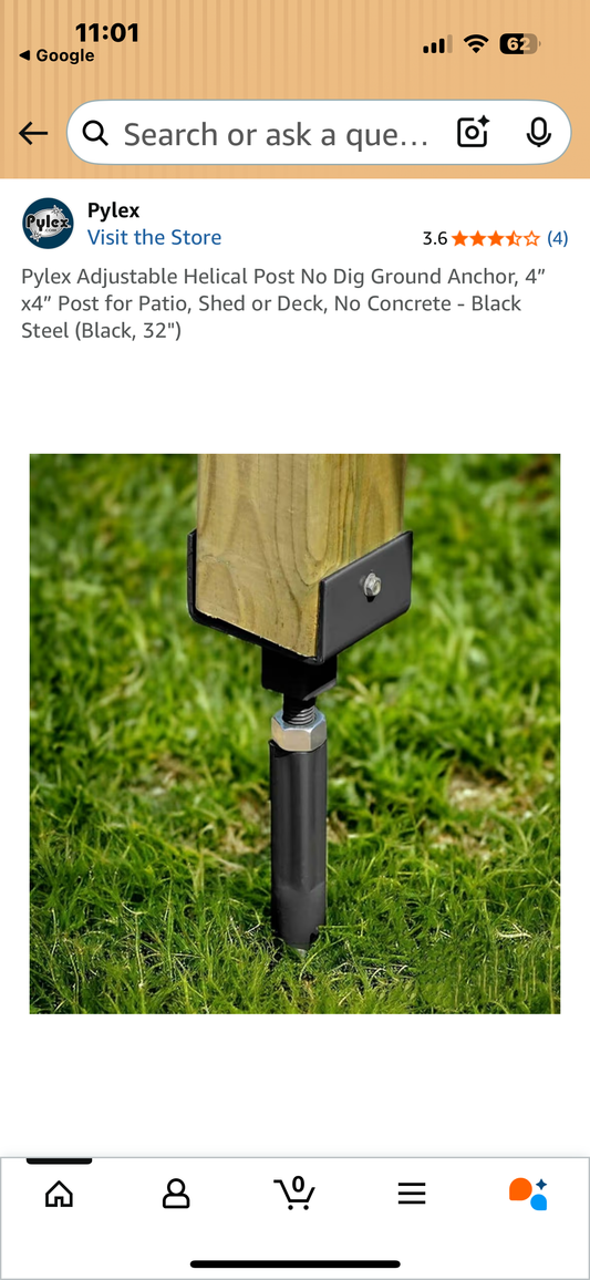 4 Pack Pylex Adjustable Helical Post No Dig Ground Anchor, 4" X4" Post for Patio, Shed or Deck, No Concrete - Black Steel (Black, 32") (G875)