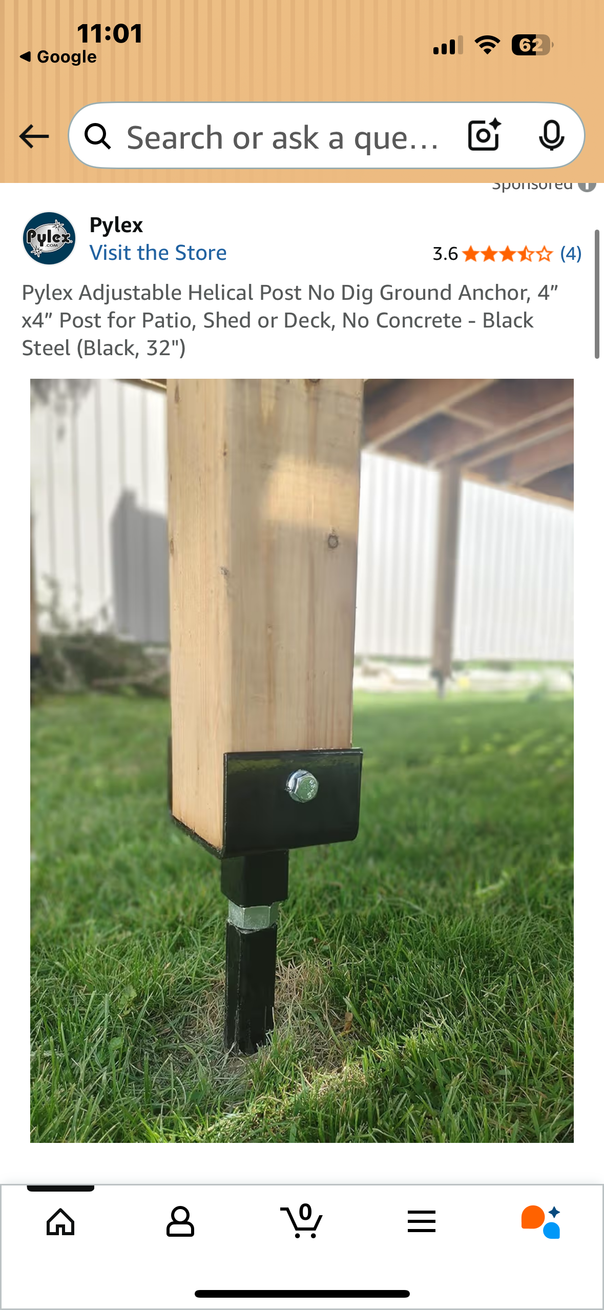 4 Pack Pylex Adjustable Helical Post No Dig Ground Anchor, 4" X4" Post for Patio, Shed or Deck, No Concrete - Black Steel (Black, 32") (G875)