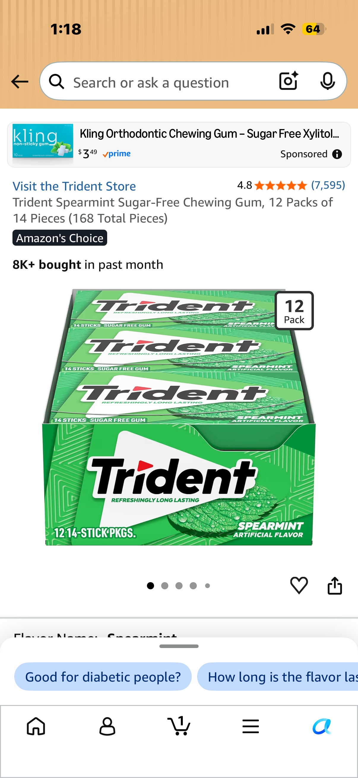 Trident Spearmint Sugar-Free Chewing Gum, 12 Packs of 14 Pieces (168 Total Pieces) (BB 08/26)