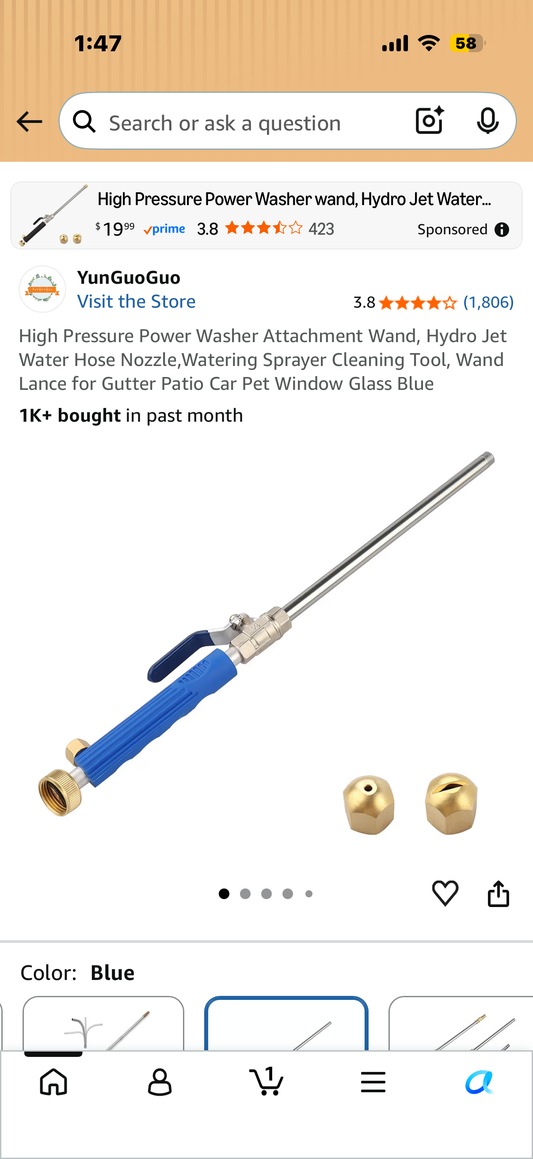 High Pressure Power Washer Attachment Wand, Hydro Jet Water Hose Nozzle,Watering Sprayer Cleaning Tool, Wand Lance for Gutter Patio Car Pet Window Glass Blue