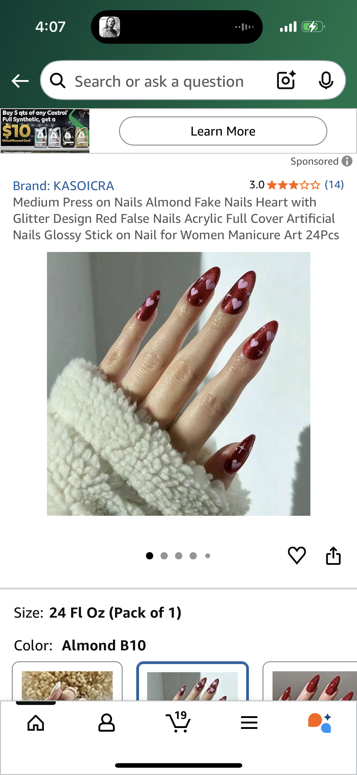 Medium Press on Nails Almond Fake Nails Heart with Glitter Design Red False Nails Acrylic Full Cover Artificial Nails Glossy Stick on Nail for Women Manicure Art 24Pcs