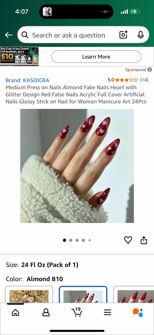 Medium Press on Nails Almond Fake Nails Heart with Glitter Design Red False Nails Acrylic Full Cover Artificial Nails Glossy Stick on Nail for Women Manicure Art 24Pcs