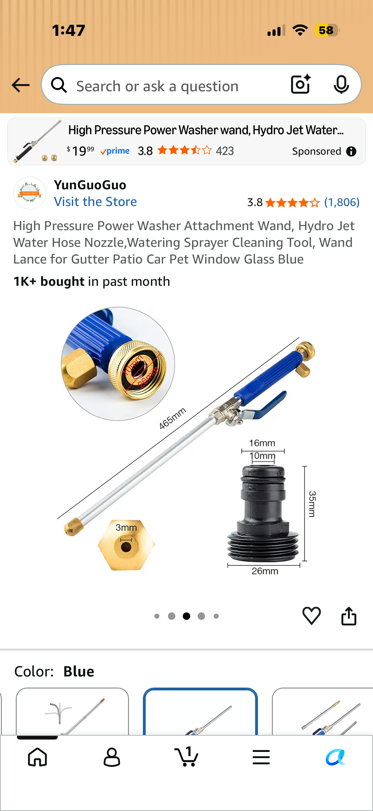 High Pressure Power Washer Attachment Wand, Hydro Jet Water Hose Nozzle,Watering Sprayer Cleaning Tool, Wand Lance for Gutter Patio Car Pet Window Glass Blue