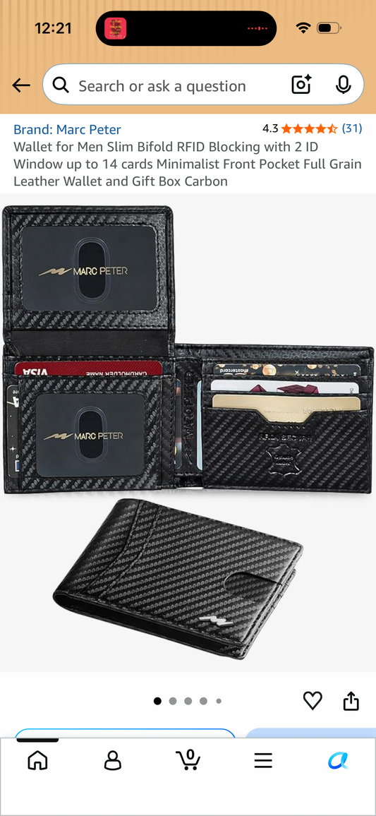 Wallet for Men Slim Bifold RFID Blocking with 2 ID Window up to 14 cards Minimalist Front Pocket Full Grain Leather Wallet and Gift Box Carbon