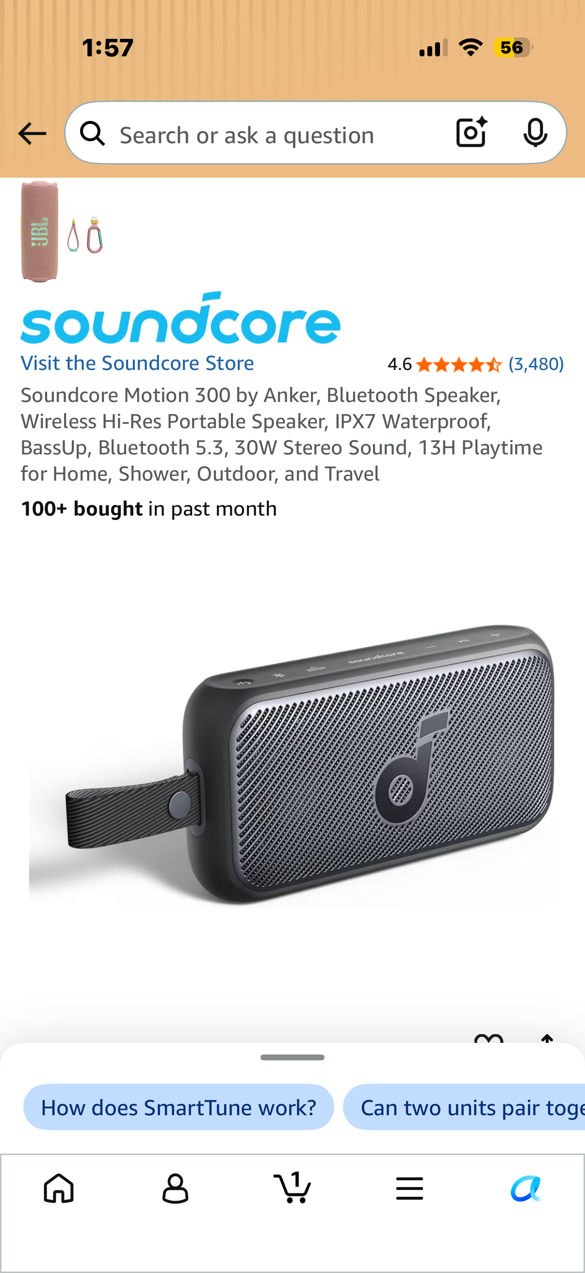 Soundcore Motion 300 by Anker, Bluetooth Speaker, Wireless Hi-Res Portable Speaker, IPX7 Waterproof, BassUp, Bluetooth 5.3, 30W Stereo Sound, 13H Playtime for Home, Shower, Outdoor, and Travel
