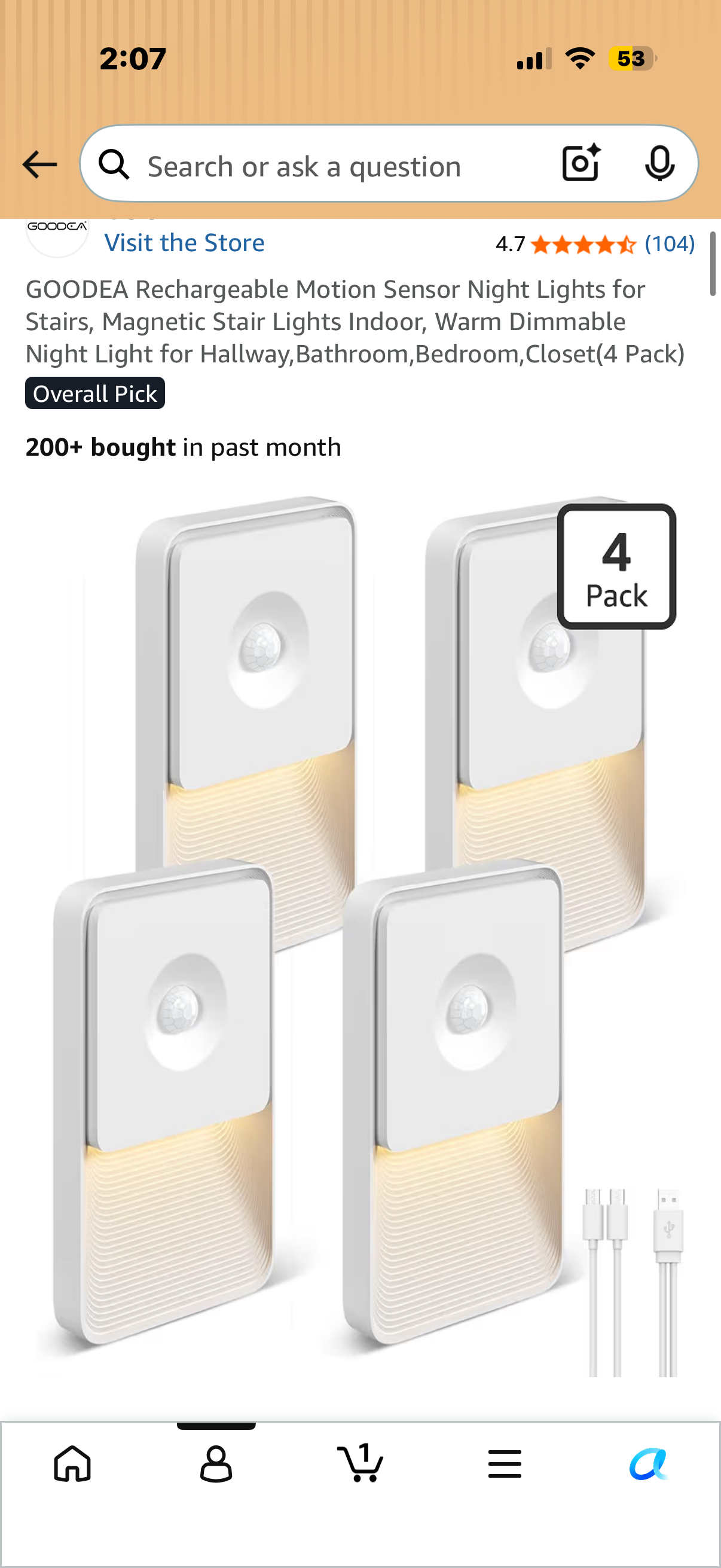 Rechargeable Motion Sensor Night Lights for Stairs, Magnetic Stair Lights Indoor, Warm Dimmable Night Light for Hallway,Bathroom,Bedroom,Closet(4 Pack