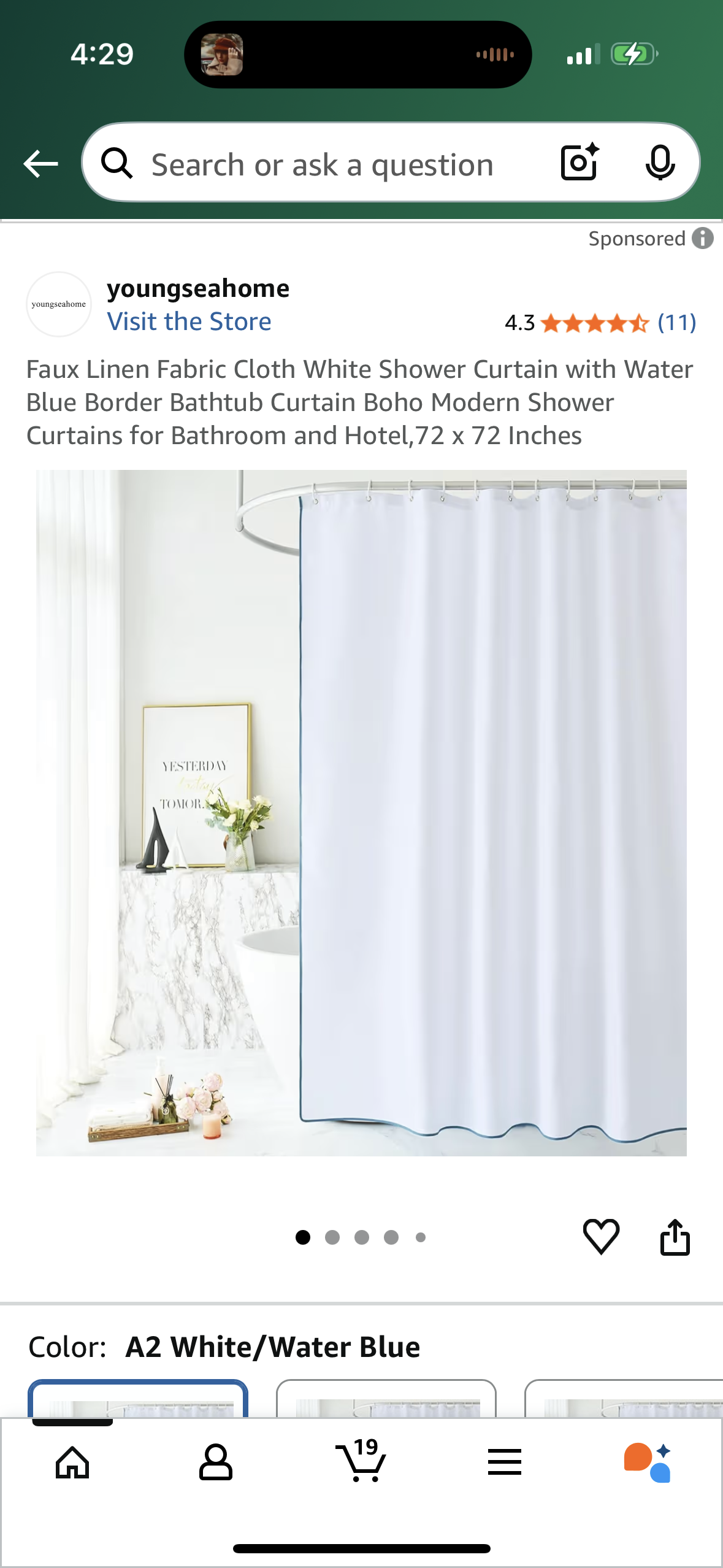 Faux Linen Fabric Cloth White Shower Curtain with Water Blue Border Bathtub Curtain Boho Modern Shower Curtains for Bathroom and Hotel,72 x 72 Inches