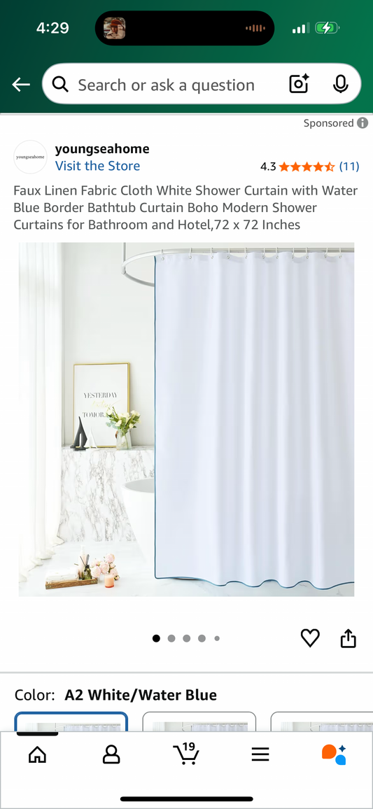 Faux Linen Fabric Cloth White Shower Curtain with Water Blue Border Bathtub Curtain Boho Modern Shower Curtains for Bathroom and Hotel,72 x 72 Inches