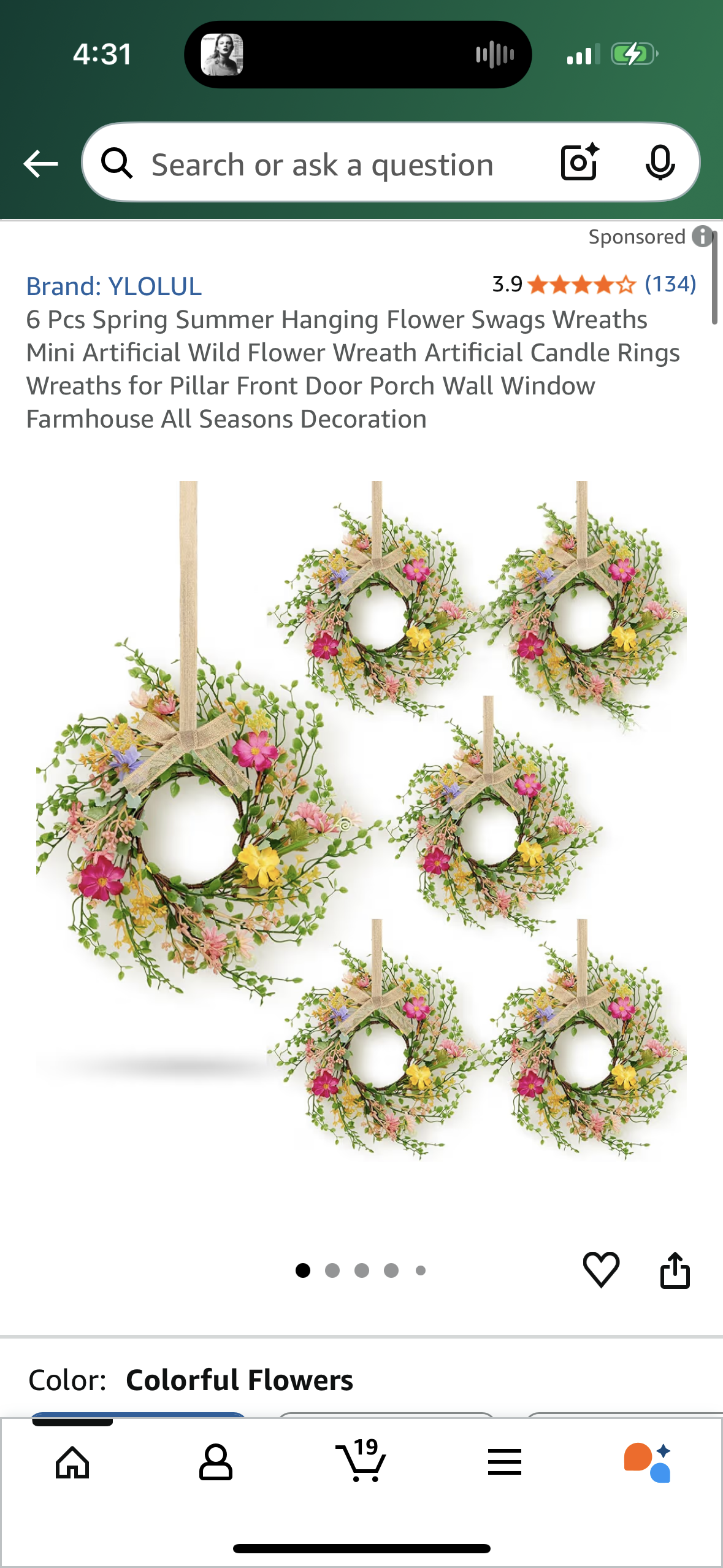 6 Pcs Spring Summer Hanging Flower Swags Wreaths Mini Artificial Wild Flower Wreath Artificial Candle Rings Wreaths for Pillar Front Door Porch Wall Window Farmhouse All Seasons Decoration