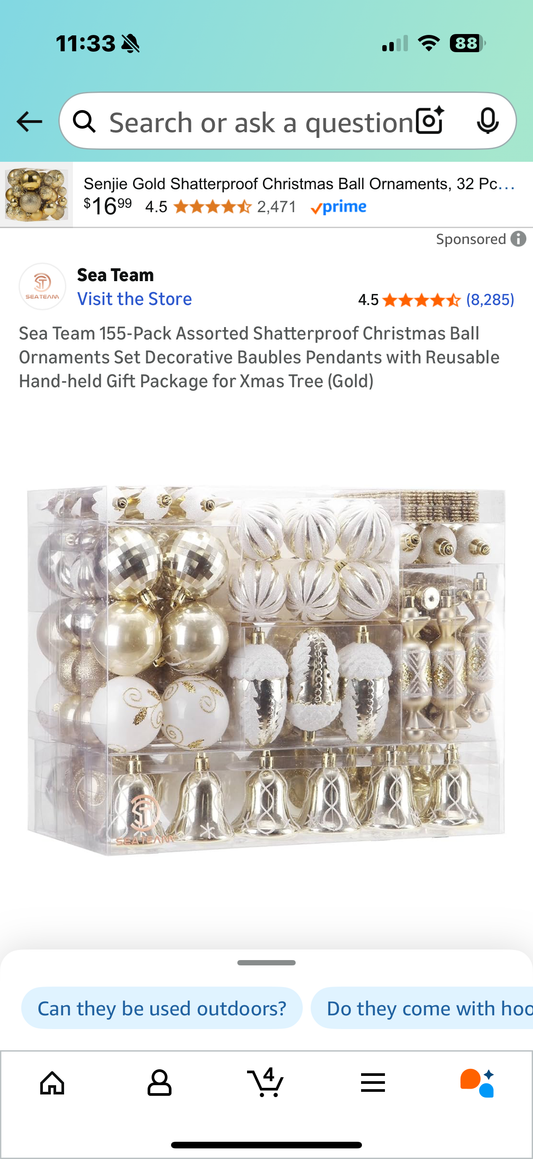 Sea Team 155-Pack Assorted Shatterproof Christmas Ball Ornaments Set Decorative Baubles Pendants with Reusable Hand-held Gift Package for Xmas Tree (Gold