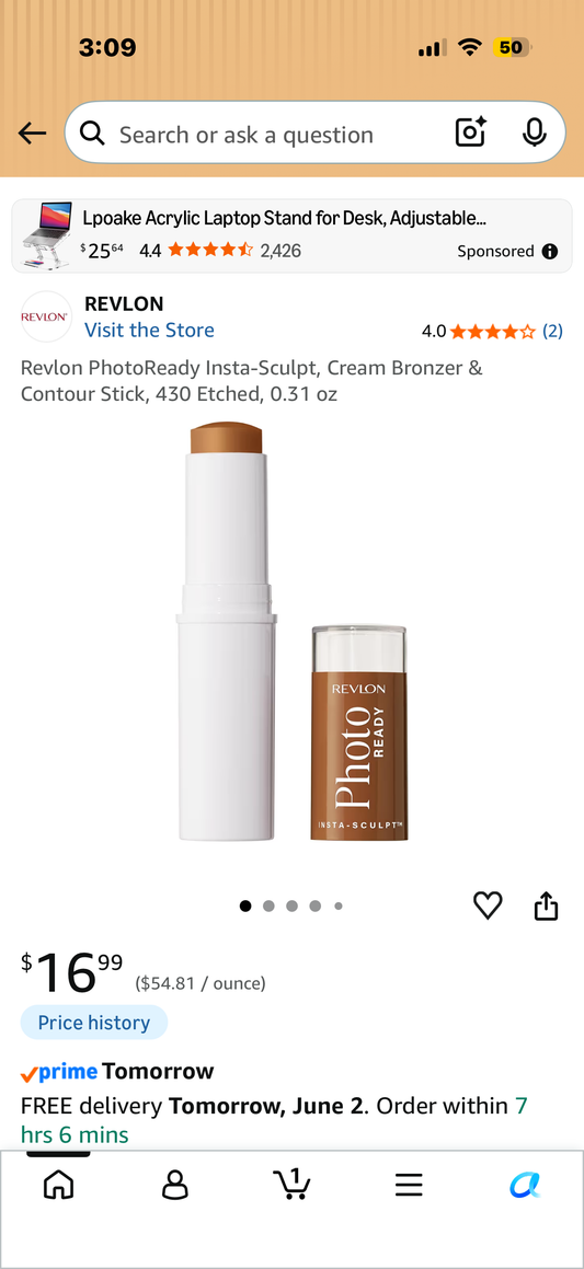Revlon PhotoReady Insta-Sculpt, Cream Bronzer & Contour Stick, 430 Etched, 0.31 oz