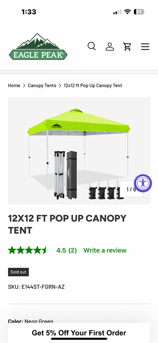 EAGLE PEAK Pop Up Canopy Tent with Wheeled Carry Bag, 8 Stakes, 4 Ropes, 4 Weight Bags, Easy Set Up Tent Canopy, 12x12 ft, 144sqft of Shade, Neon Green (W521)