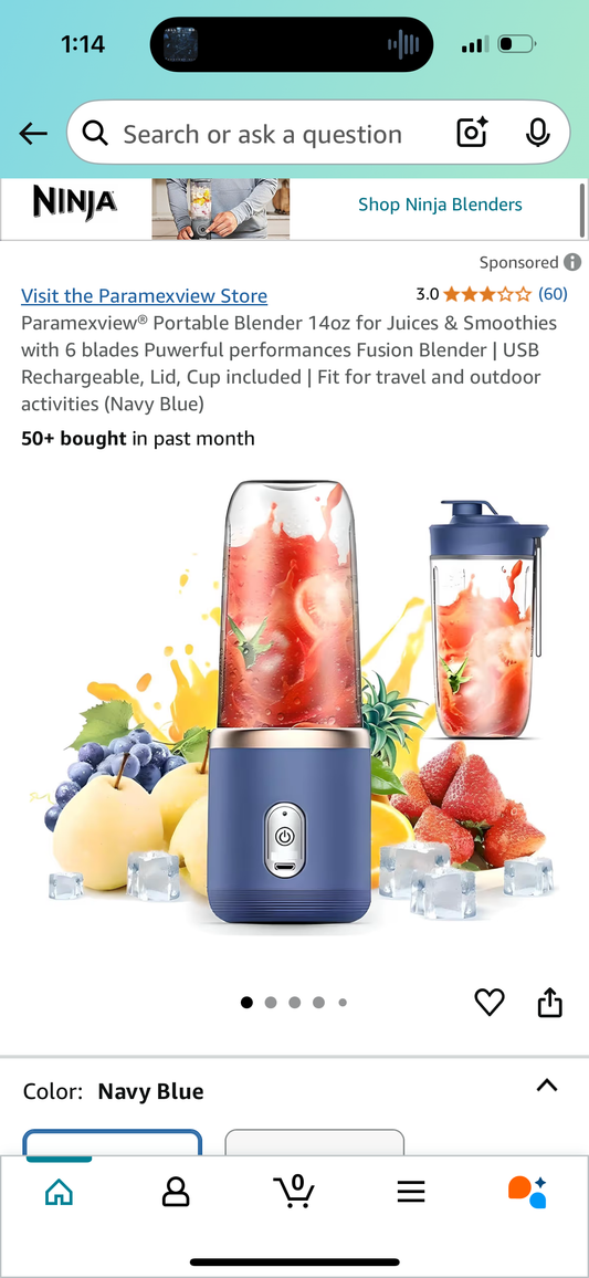 Paramexview® Portable Blender 14oz for Juices & Smoothies with 6 blades Puwerful performances Fusion Blender | USB Rechargeable, Lid, Cup included | Fit for travel and outdoor activities (Navy Blue)