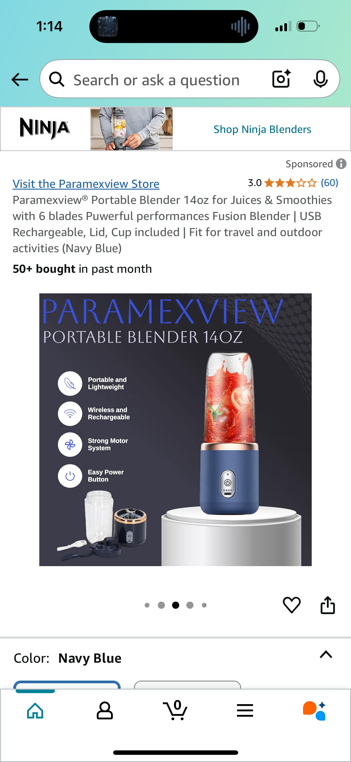 Paramexview® Portable Blender 14oz for Juices & Smoothies with 6 blades Puwerful performances Fusion Blender | USB Rechargeable, Lid, Cup included | Fit for travel and outdoor activities (Navy Blue)