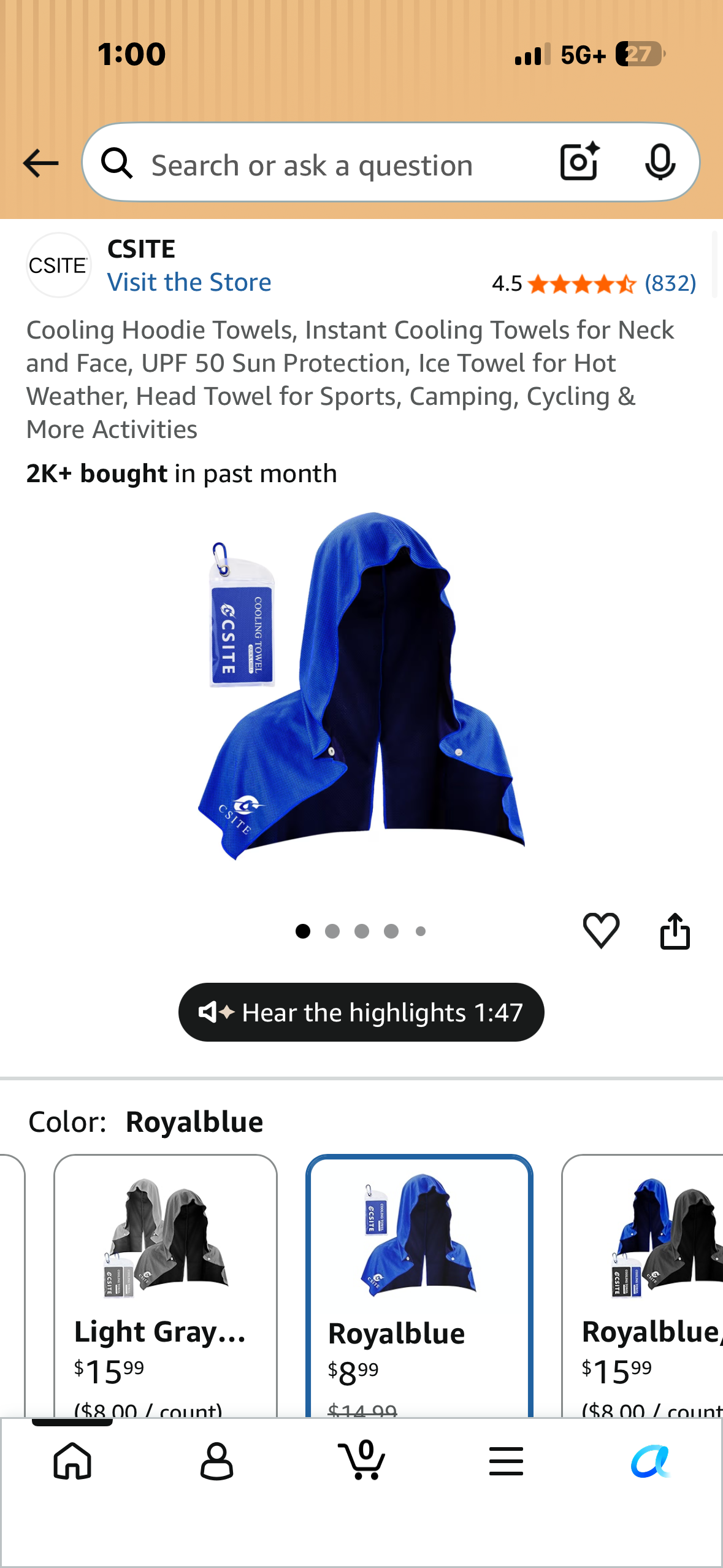 Cooling Hoodie Towel, Instant Cooling Towel for Neck and Face, UPF 50 Sun Protection, Ice Towel for Hot Weather, Head Towel for Sports, Camping, Cycling & More Activities