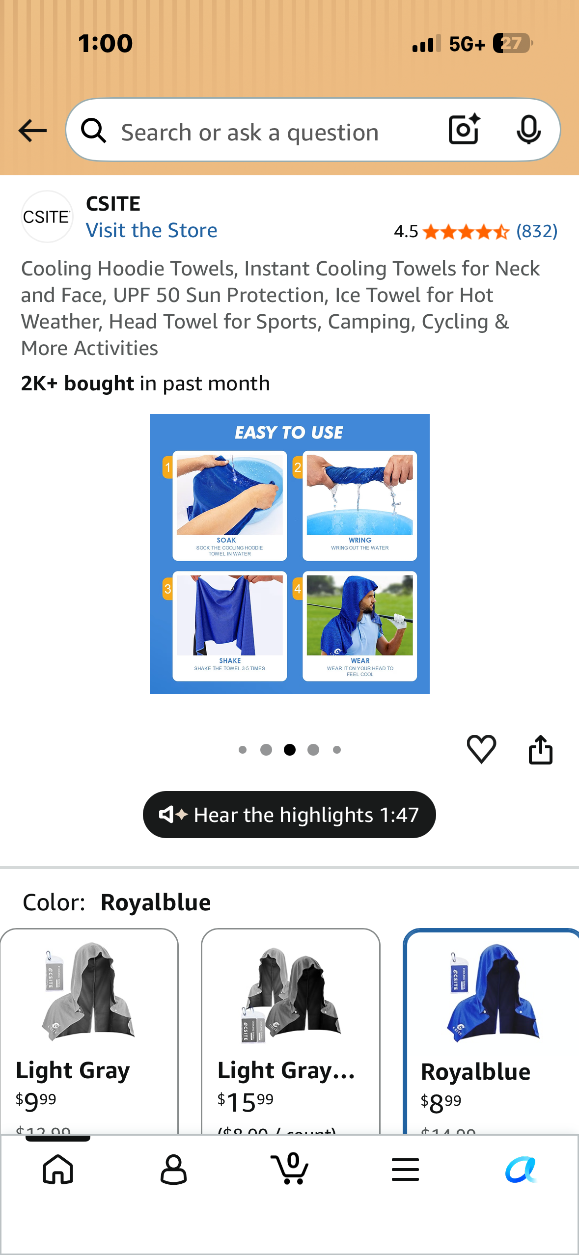 Cooling Hoodie Towel, Instant Cooling Towel for Neck and Face, UPF 50 Sun Protection, Ice Towel for Hot Weather, Head Towel for Sports, Camping, Cycling & More Activities