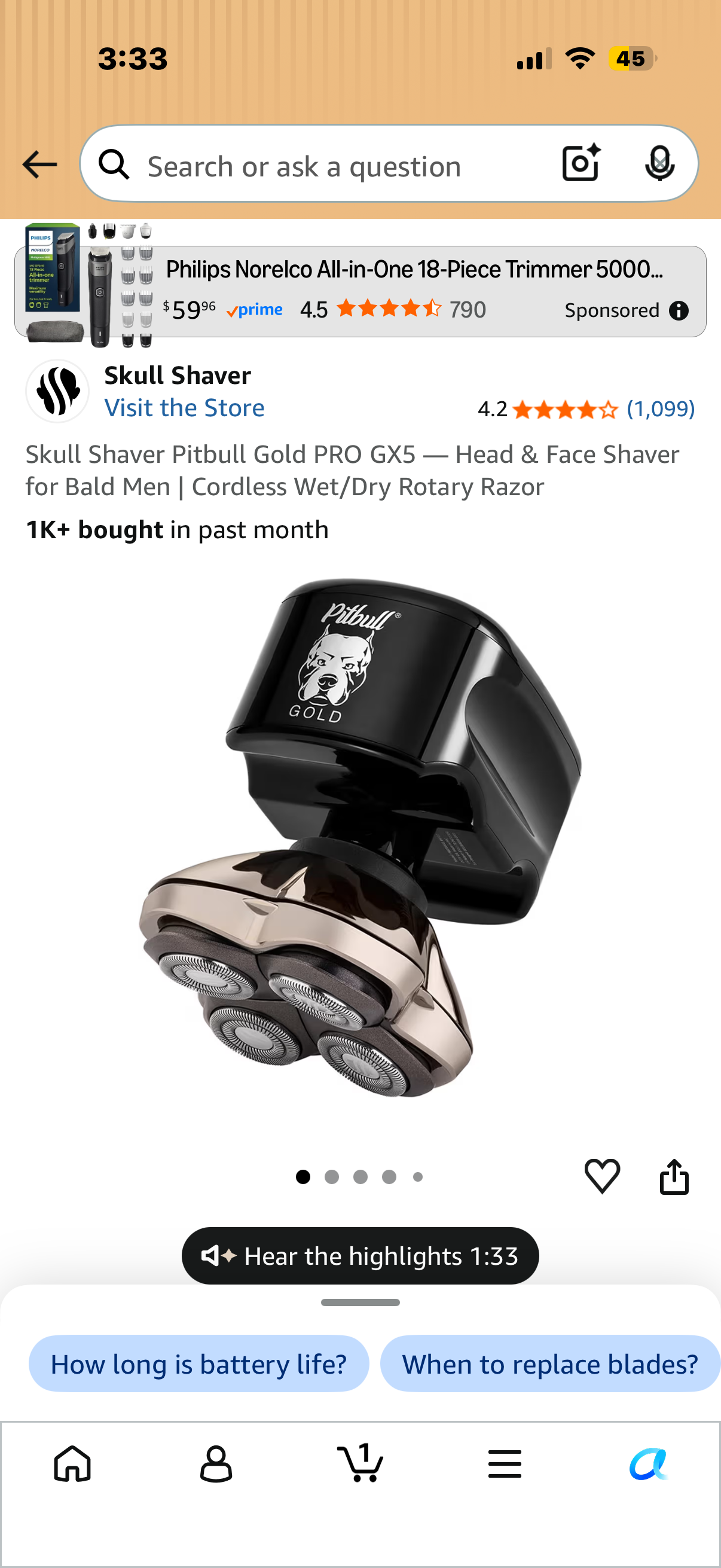 Skull Shaver Pitbull Gold PRO GX5 — Head & Face Shaver for Bald Men | Cordless Wet/Dry Rotary Razor