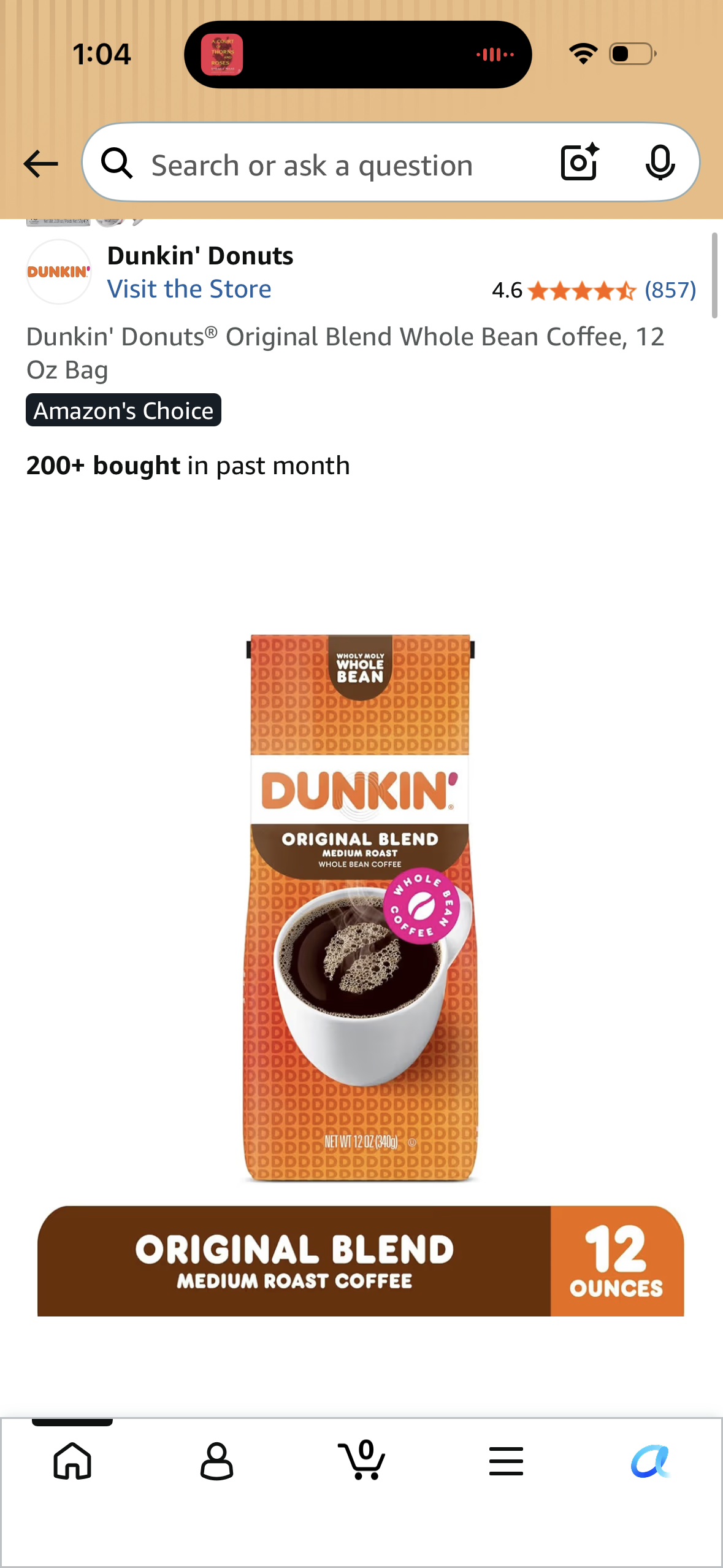 Dunkin' Donuts® Original Blend Whole Bean Coffee, 12 Oz Bag