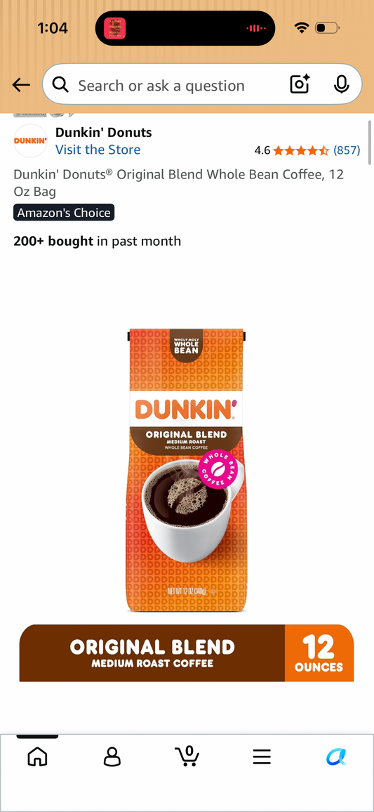 Dunkin' Donuts® Original Blend Whole Bean Coffee, 12 Oz Bag