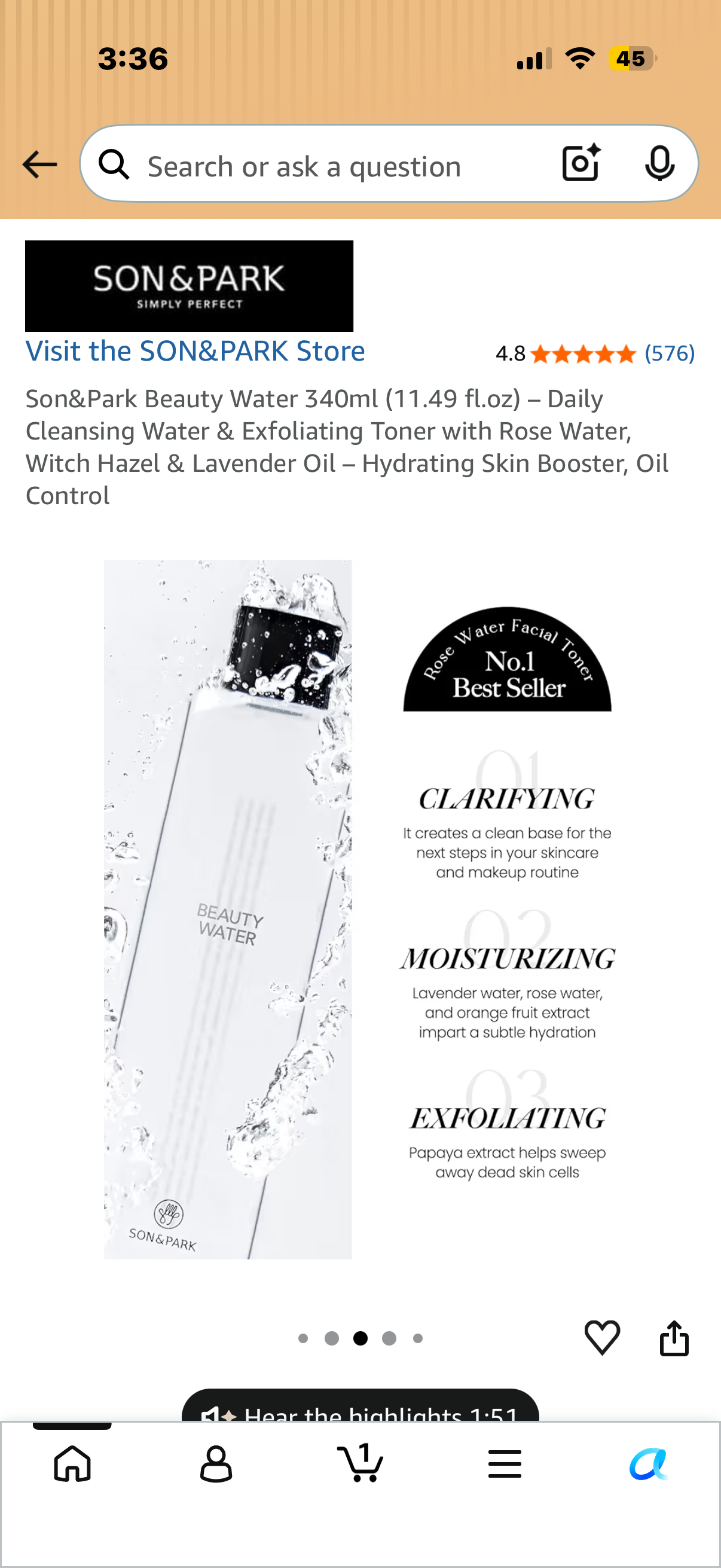Son&Park Beauty Water 340ml (11.49 fl.oz) – Daily Cleansing Water & Exfoliating Toner with Rose Water, Witch Hazel & Lavender Oil – Hydrating Skin Booster, Oil Control