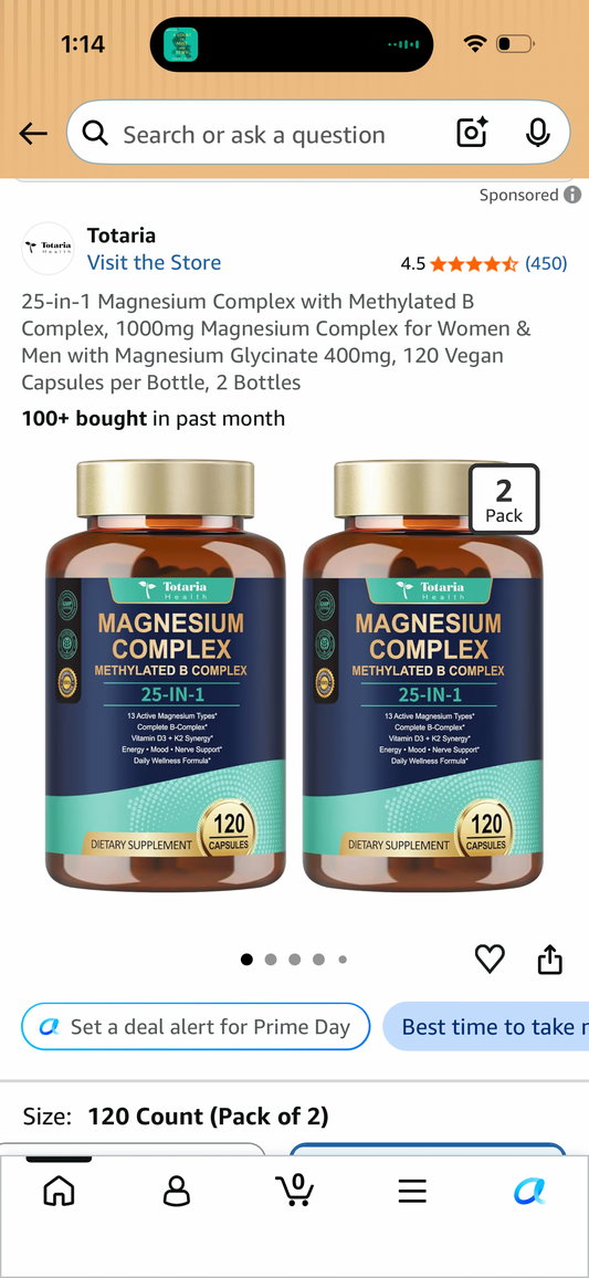 25-in-1 Magnesium Complex with Methylated B Complex, 1000mg Magnesium Complex for Women & Men with Magnesium Glycinate 400mg, 120 Vegan Capsules per Bottle, 2 Bottles