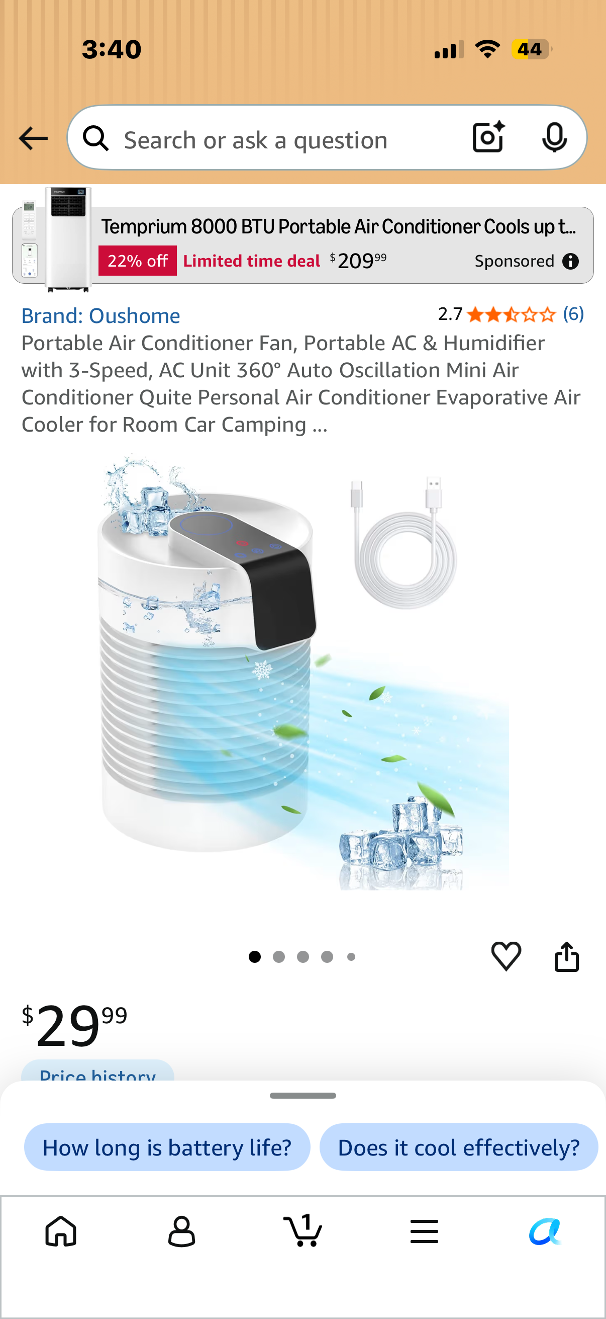 Portable Air Conditioner Fan, Portable AC & Humidifier with 3-Speed, AC Unit 360° Auto Oscillation Mini Air Conditioner Quite Personal Air Conditioner Evaporative Air Cooler for Room Car Camping