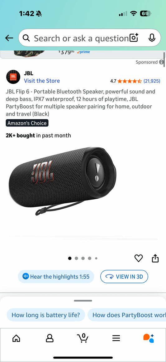 JBL Flip 6 - Portable Bluetooth Speaker, powerful sound and deep bass, IPX7 waterproof, 12 hours of playtime, JBL PartyBoost for multiple speaker pairing for home, outdoor and travel (Black)