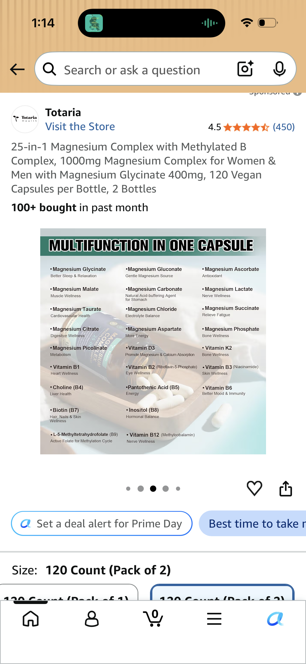 25-in-1 Magnesium Complex with Methylated B Complex, 1000mg Magnesium Complex for Women & Men with Magnesium Glycinate 400mg, 120 Vegan Capsules per Bottle, 2 Bottles