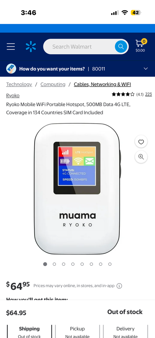 Ryoko Mobile WiFi Portable Hotspot, 500MB Data 4G LTE, Coverage in 134 Countries SIM Card Included