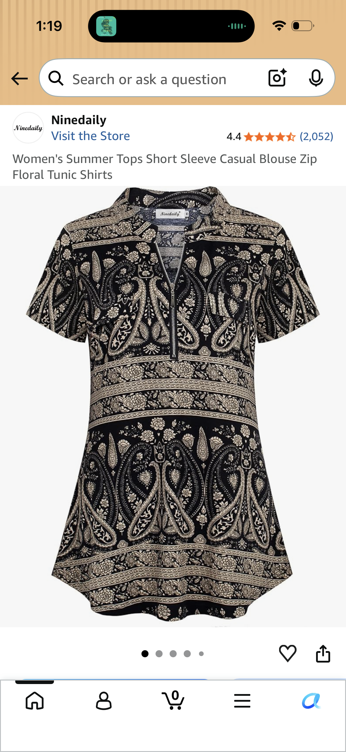 Women's Summer Tops Short Sleeve Casual Blouse Zip Floral Tunic Shirts (Size Large)